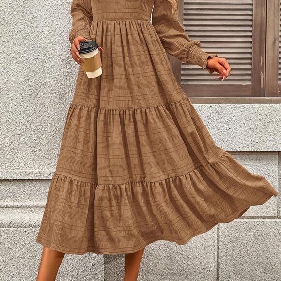 Women's Fall Dresses 2025 Puff Long Sleeve Square Neck Dress High Waist Smocked - Picture 3 of 9